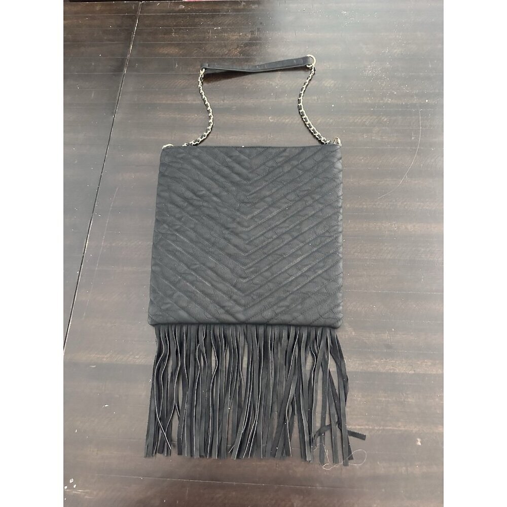 Big Buddha Black Fringe Faux Leather Black & Gold Chain Shoulder Purse
